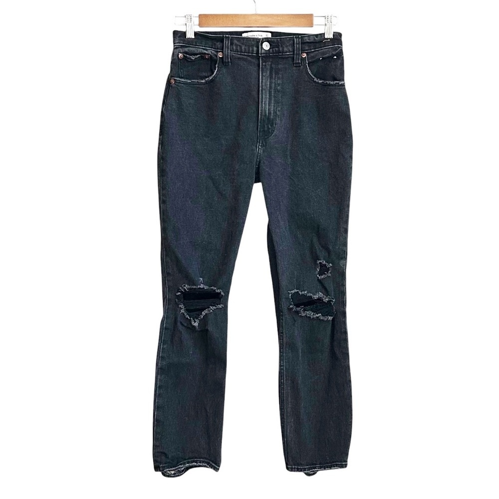 Abercrombie & Fitch The‎ Ankle Straight Ultra High Rise SZ 27 Black Ripped Knee